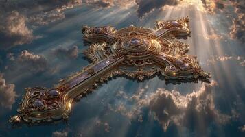 Stunning ornate cross floating among clouds with rays of sunlight shining down in a serene sky photo