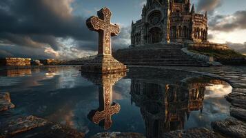 Stunning landscape with ornate cross and historic building during golden hour photo