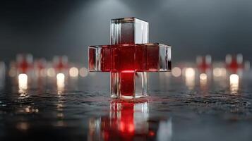 Red cross symbol made of glass with glowing light in a dark environment showcasing a modern design photo