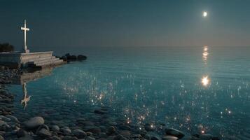Sparkling water under moonlight by a cross on the shore at twilight photo