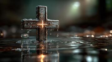 Wooden cross illuminated by soft light in serene water setting with gentle ripples photo