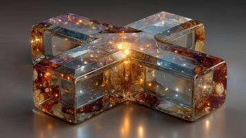 Unique decorative sculpture made from resin with embedded elements, showcasing intricate design and glowing effects in soft light photo