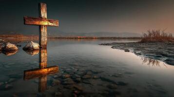 Wooden cross reflects in calm water at dusk near a riverbank surrounded by gentle hills photo
