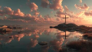 Beautiful sunset over calm waters with cross on rocks reflecting in the water at a serene location photo