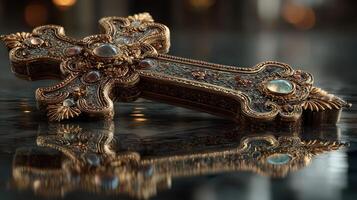 Intricately designed golden cross with gemstones displayed on a reflective surface photo