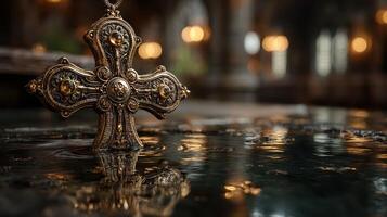 Cross pendant submerged in reflective water at a historic building during an ambient evening setting photo