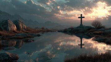 Serene landscape with a cross at sunset reflecting in calm waters surrounded by rocky terrain photo