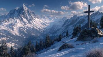 Majestic mountain landscape with a cross overlooking a snow-covered valley under a cloudy sky photo