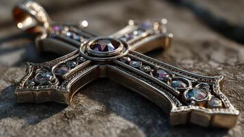 Detailed close-up of a decorative cross pendant resting on a stone surface, highlighting intricate metalwork and gemstones photo