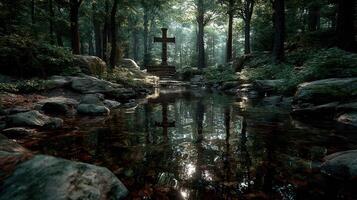 Reflection of a wooden cross above a serene pond in a peaceful forest setting during soft sunlight photo