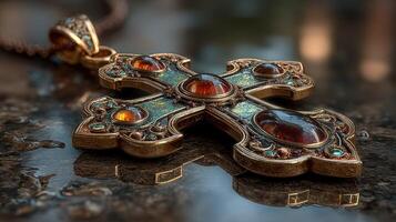 Glistening ornate cross pendant adorned with gemstones resting on a reflective surface in soft natural light photo