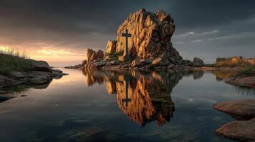 Serene sunset reflecting on serene waters near a rocky formation with a cross at the coastline photo