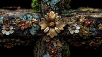 Detailed close-up of a weathered wooden cross adorned with intricately crafted flowers and moss in a tranquil outdoor setting photo