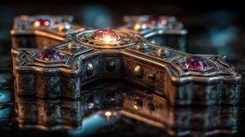 Intricate metallic cross with gemstones resting on a glossy surface in soft lighting photo