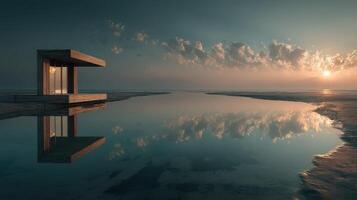 Modern structure reflects in calm waters at sunrise near coastal landscape photo