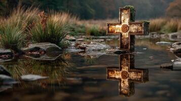 Moss-covered cross standing in still water surrounded by autumn foliage at twilight in a serene natural setting photo