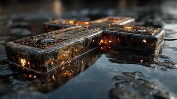 Intricate stone cross illuminated on a reflective surface at dusk, highlighting detailed craftsmanship and spiritual significance photo