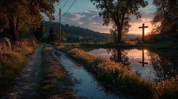 Sunset tranquility along a dirt path by a peaceful pond in a rural landscape photo