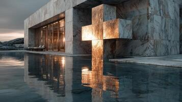 Modern architectural design featuring a striking marble structure with reflective surfaces at dusk by a serene water body photo