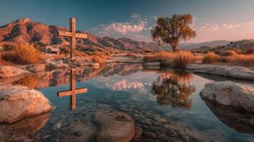 Reflection of a wooden cross in tranquil waters surrounded by mountains during a serene sunset photo