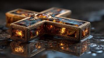 Cross resting on a reflective surface with intricate details showcasing craftsmanship and design photo