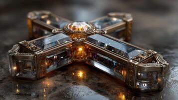 Elaborate crystal cross with intricate detailing illuminated by soft light on a reflective surface photo