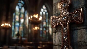 Golden cross adorns stone wall inside an ornate church with colorful stained glass during afternoon light photo