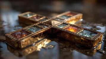 Decorative metallic cross with intricate design resting on a reflective surface photo
