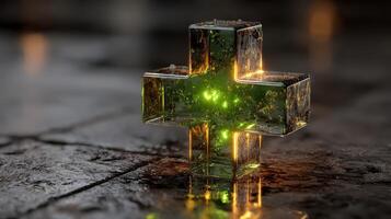 Green glowing crystal cross illuminated in a reflective environment photo