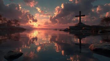Sunset reflection at a tranquil lake with a cross on a rocky shore photo