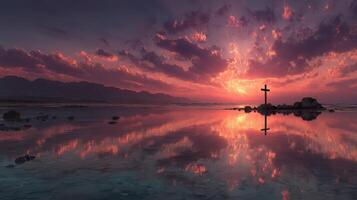 Sunset reflecting over still waters with a cross on the shore near mountains photo
