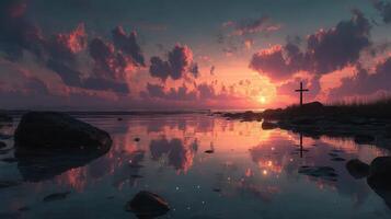 Stunning sunset casts vibrant colors over tranquil waters with a cross silhouetted on the shore photo