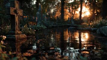 Cemetery at dusk with sunlight reflecting on water, creating a serene atmosphere filled with tranquility and remembrance photo