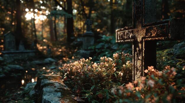Sunlight filters through trees in an overgrown cemetery revealing a weathered cross surrounded by wildflowers and stone tombs photo