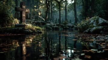 Misty forest graveyard with a stone cross reflected in calm water during morning light photo