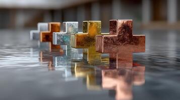 Metallic plus signs reflecting on a wet surface in a serene indoor setting during daytime photo
