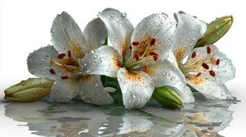 Fresh lilies with droplets on petals resting on smooth surface reflecting light in a serene arrangement photo