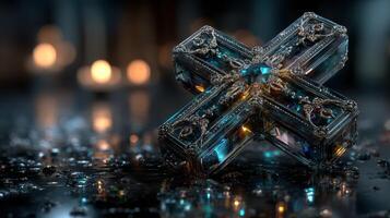 Decorative crystal cross shines with vibrant colors and intricate designs, illuminated by soft candlelight in a serene setting photo