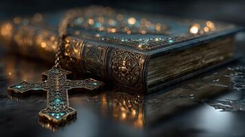Intricately designed ancient book with a cross lying beside it against a dark, reflective surface photo