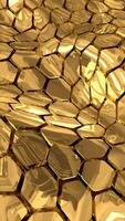 Abstract 3D surface of shiny golden polygons forming a seamless, irregular pattern with reflective metallic texture video