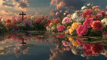 Vibrant flowers reflect in tranquil water with a cross at sunset near a serene lakeside location photo