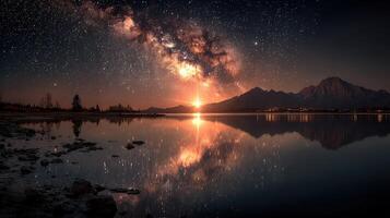 Stunning night sky with the Milky Way reflecting over a serene lake at twilight in a mountainous landscape photo