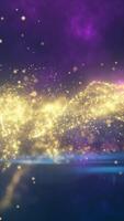 Abstract field of golden particles floating across a purple and blue cosmic background, creating a dreamy glittering effect video
