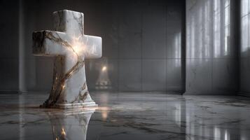 Elegant marble cross illuminated in a serene, modern chapel with reflective surfaces and soft lighting photo