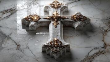 Intricate decorative cross carved from marble with golden accents reflecting light in a serene setting photo
