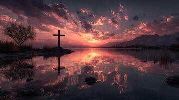 Serene sunset at the lake with a cross reflecting in the water surrounded by mountains and clouds photo