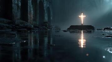 Mysterious cross illuminated by light amidst dark ruins at dusk photo