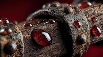 Close-up of a textured wooden surface featuring droplets of a deep red liquid glistening under soft lighting in a creative setting photo
