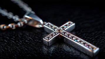 Shining silver cross pendant with sparkling stones on a black leather background photo