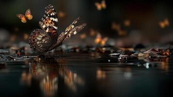 Colorful butterflies gathering near still water on a serene evening with reflections of nature photo